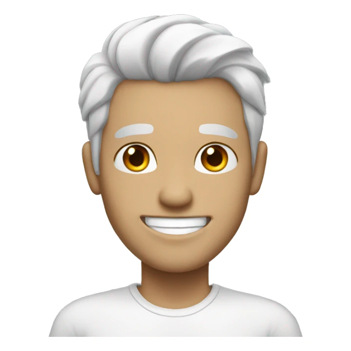 A man with white skin having black and white hair with a smile sticker