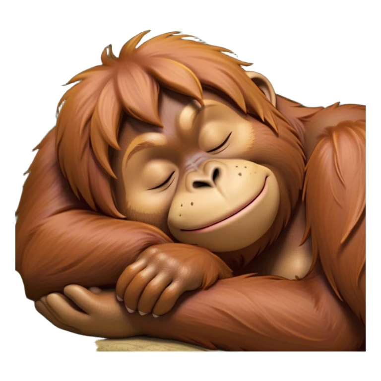 Meme-Worthy cute Sleeping Orangutan Portrait Emoji, Head resting peacefully with a contented smile, showcasing luxuriously soft fur and eyes gently closed in serene slumber, Simplified yet comically adorable features, highly detailed, glowing with a soft, drowsy jungle light, high shine, relaxed and utterly lovable, stylized with an air of playful laziness, bright and heartwarming, soft glowing outline, capturing the essence of a sleeping orangutan that feels destined to become the next viral icon of adorable rest! sticker