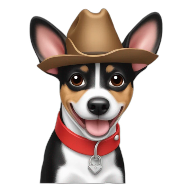 rat terrier wearing a cowboy hat and red collar smiling no brown (black and white) thumbs up sticker