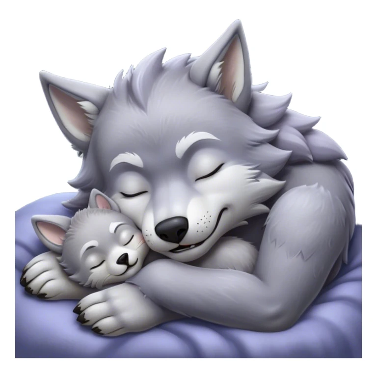 Meme-Worthy Cute Sleeping Werewolf Portrait Emoji, with a cuddly, miniature lupine form in soft moonlit grays and silvers, head resting peacefully with gently closed dreamy eyes and a small, content smile, simplified yet irresistibly endearing, highly detailed with a soft glowing outline that captures the cozy, sleepy essence of a werewolf after frolicking under the full moon! sticker