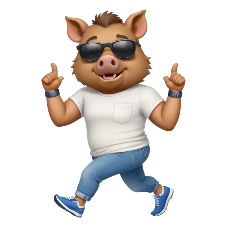 friendly anthropomorphised boar in jeans and a t-shirt, wearing dark sunglasses, jogging upright, relaxed pose sticker