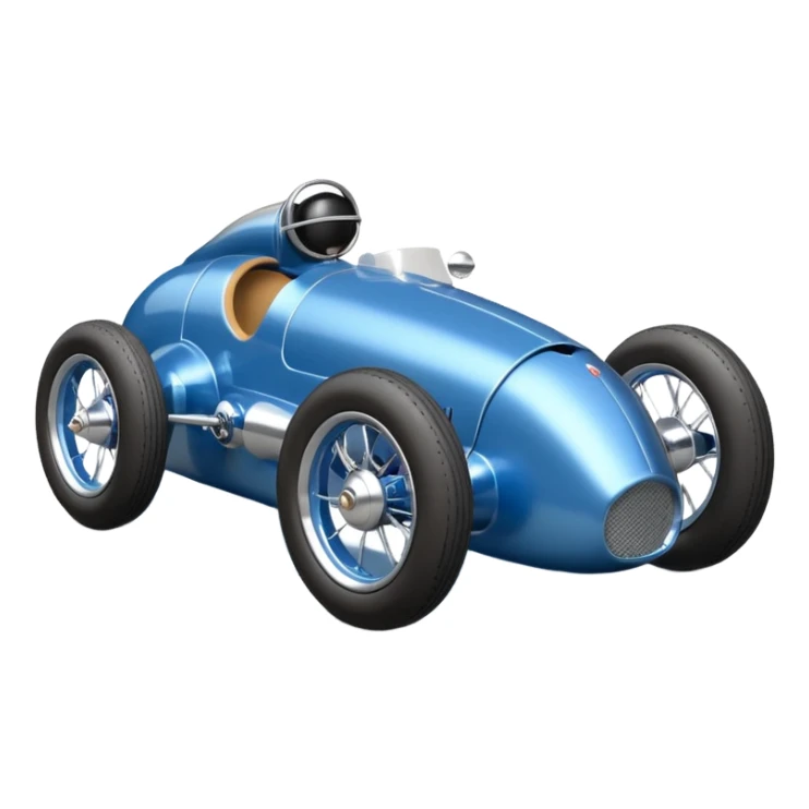  Metallic blue and lightly chrome-accented Antique-looking  kid-sized race car for teddy bear with custom aero body and rear wing and motorcycle wheels  sticker