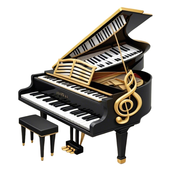 Create a sophisticated and celebratory emoji collage representing keyboard instruments, designed in the style of a coat of arms or crest. The design should feature a central, surrounded by a ribbon of musical notes. The ribbon should intertwine with a second ribbon made of black-and-white piano keys, creating a flowing, symmetrical pattern. Include delicate, elegant details such as the pedals of the grand piano, intricate woodwork, and the glossy, polished surface of the instrument. The musical notes should be swirling around the design in a harmonious, festive arrangement. Use gold, silver, and rich wood tones to evoke a sense of luxury and professionalism, with the black-and-white keys of the piano adding contrast. The background should remain transparent sticker