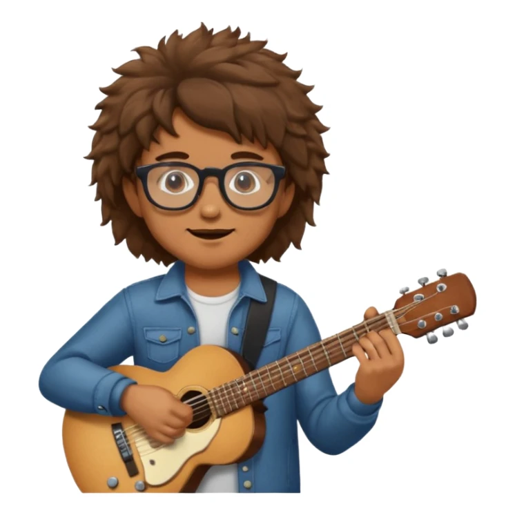 Guy with brown fluffy hair playing guitar with glasses sticker
