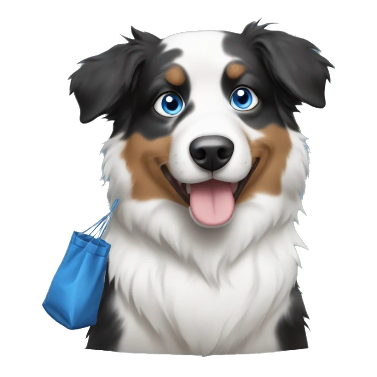 black and white australian shepherd with blue eyes holding a bag of poop sticker