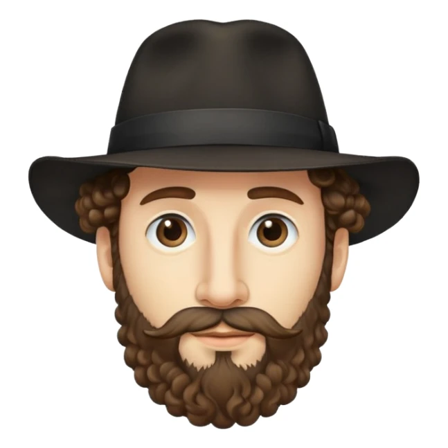 A man with a long nose, curly hair, a beard and a black fedora sticker