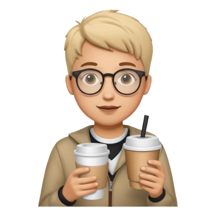 Student with round glasses and takeaway coffee sticker