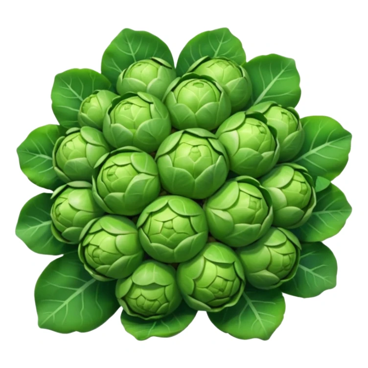 brussels sprouts cluster, 2 or 3 whole, round, compact, layered green leaves, bright to dark green color, natural leaf texture, clean 3D look, soft lighting, no faces, transparent background, emoji scale sticker
