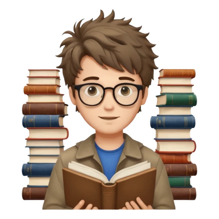 generate an ios genmoji of a fair 20 year guy with faint beard, spectacles, messy hair, books in hand sticker