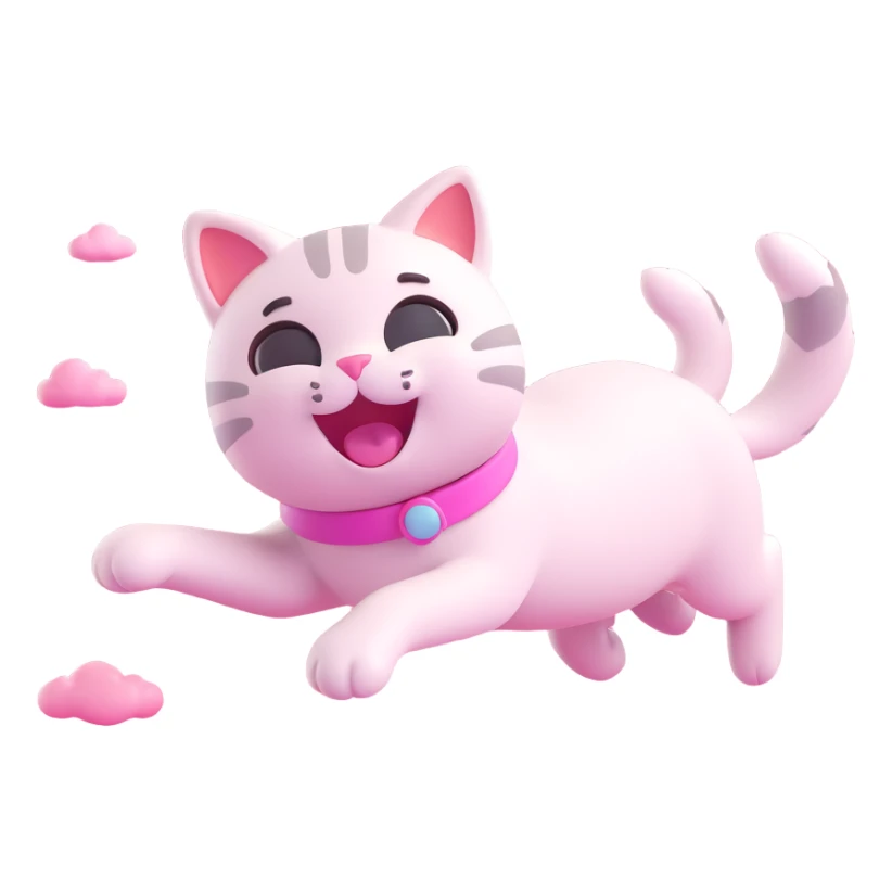 playful cat gliding among pink clouds, 3D emoji style sticker