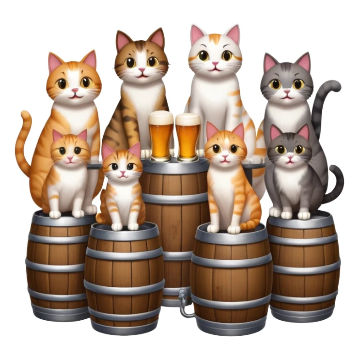 seven distinct cats standing around a beer keg, each cat drinking, all with goofy playful expressions sticker