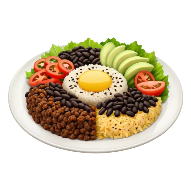 Food plate with rice, black bean, minced meat and salad sticker