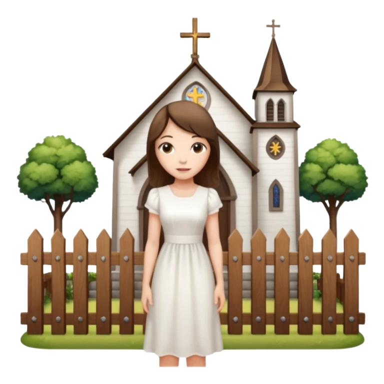 woman next to a church, surrounded by a fence sticker