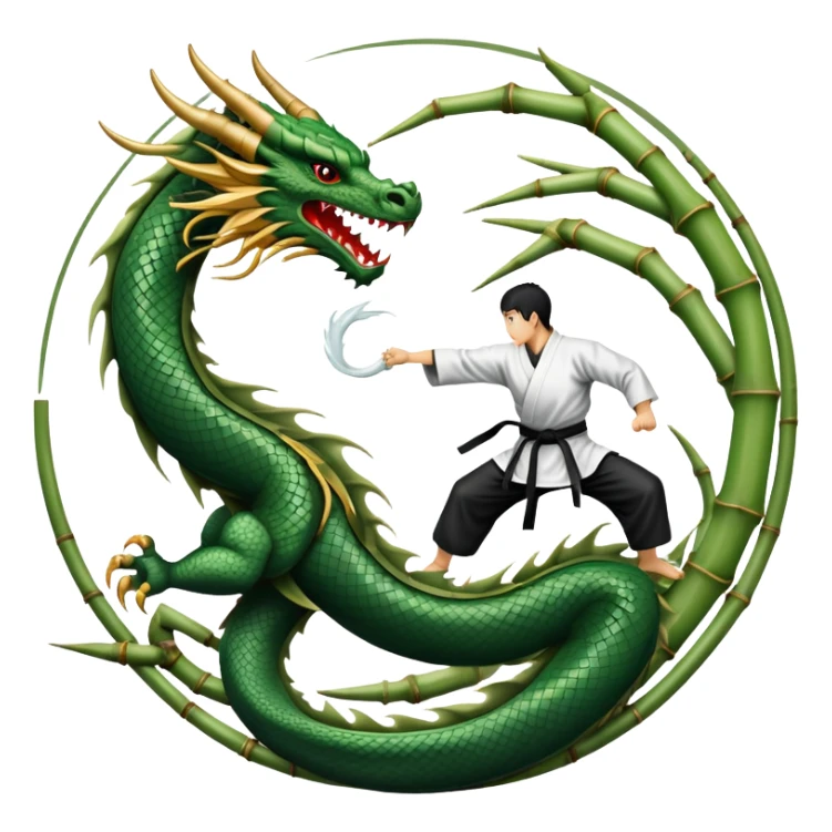 An icon symbolizing Eastern martial arts in the style of an emblem, featuring a black-and-white Yin-Yang symbol at the center and a powerful dragon wrapping around it. A martial artist is performing a fluid kick, surrounded by elements like a dojo and bamboo. Transparent background sticker