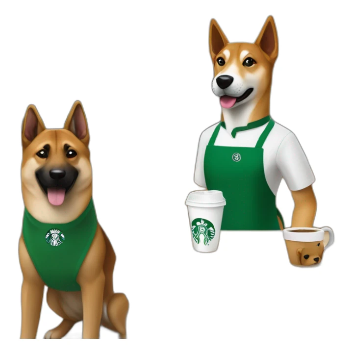 Malinois dog and shiba working at Starbucks with green apron sticker