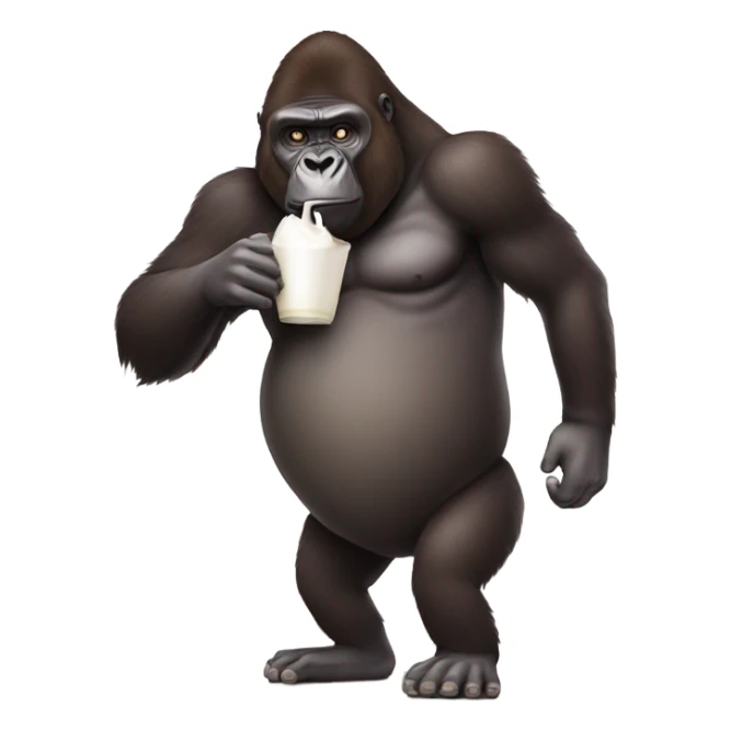 gorilla with big nose drinking milk out of a brown eggplan sticker