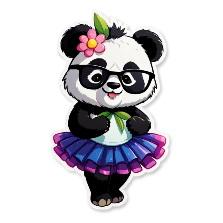 Panda wearing a tutu and glasses with a flower above 1 ear sticker