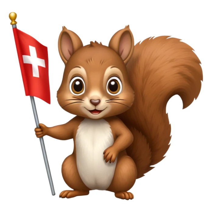 a squirrel with big eyes with a swiss flag sticker