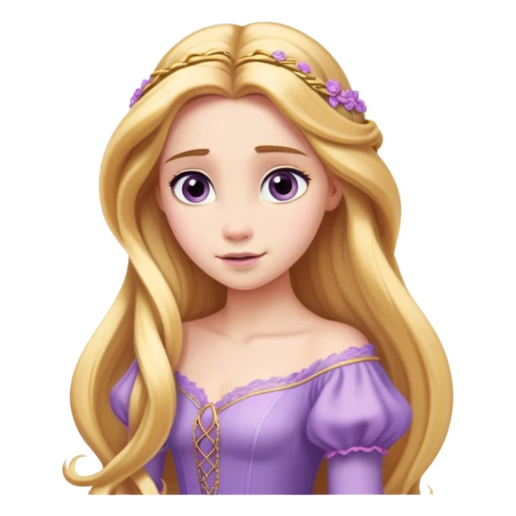 Cinematic Elegant Rapunzel Portrait Emoji, rendered in a realistic, vector-style with minimal shading and bold, simplified shapes. Depict Rapunzel (chest and above) with fair, porcelain skin, long, flowing golden hair cascading gracefully, and soft, gentle eyes, wearing her iconic light purple gown. The image glows with a soft, enchanting radiance and high shine, capturing timeless fairy-tale beauty. sticker