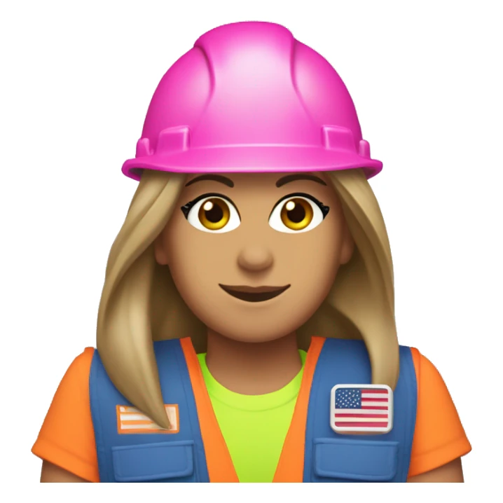 Jennifer Aniston is a construction worker wearing a neon pink safety vest with a hard hat and ear muffs. She has a patriotic patch on her vest  sticker