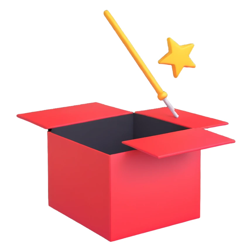 a 3D style icon of a box and a magic wand, suitable for an icon sticker
