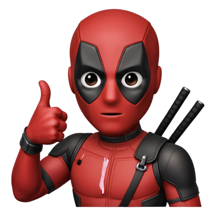 deadpool thumbs up emoji, not so cute, more realistic less body, mostly head and hand must have thumbs up eyes all white like mask sticker