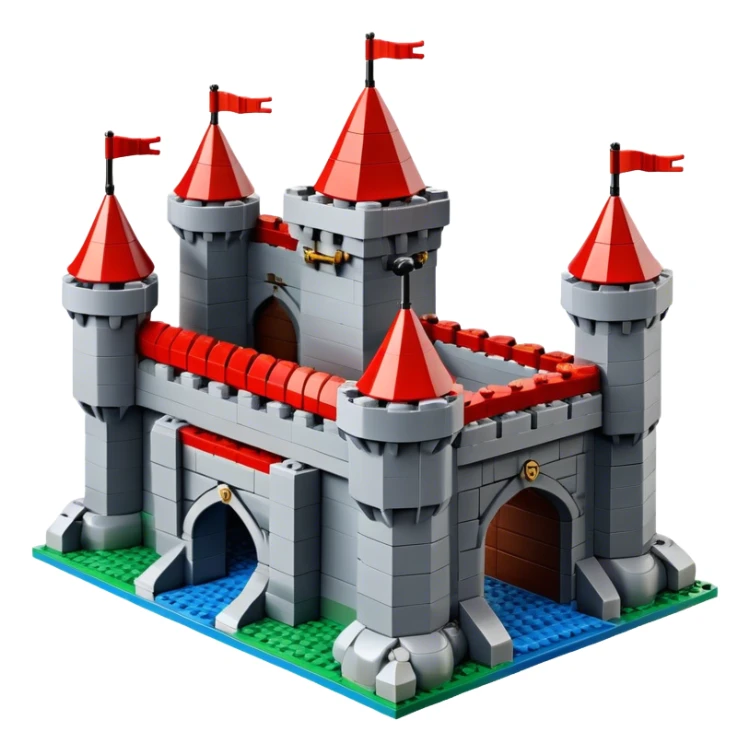 A photorealistic icon featuring a large medieval castle built from LEGO bricks, with detailed textures of the bricks, turrets, and drawbridge. The design captures the creativity and intricacy of LEGO construction with vibrant colors and realistic lighting. Transparent background sticker