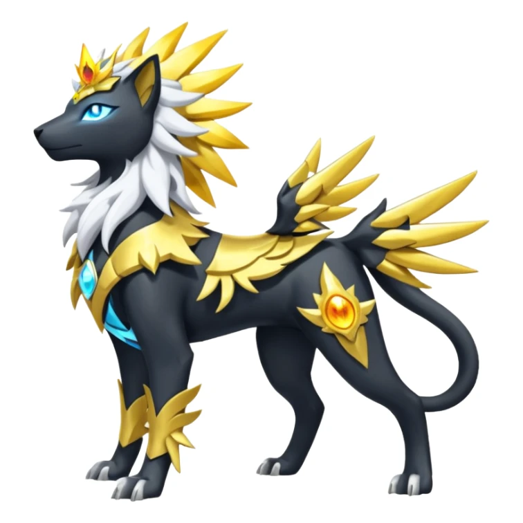 Solarpunk solar aesthetic shiny glowing divine lighting glimmering shimmering Amaura-Solgaleo-Luxray-Trico-fusion (full body) sticker