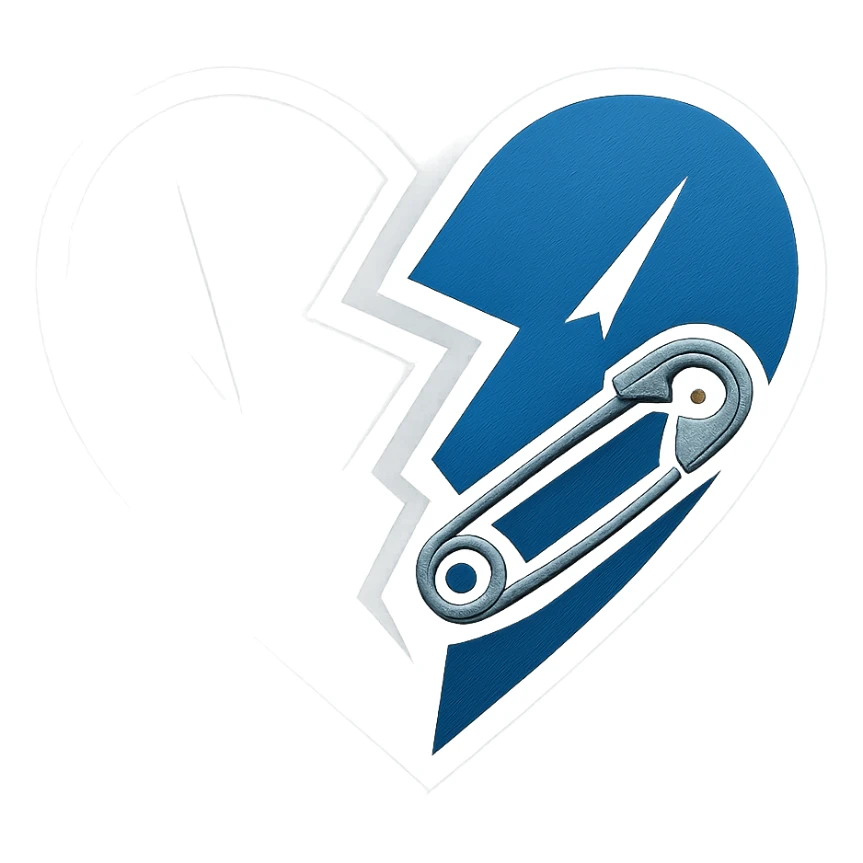 emo emoji, jagged heart, black and blue, small safety pin, modern emo aesthetic sticker