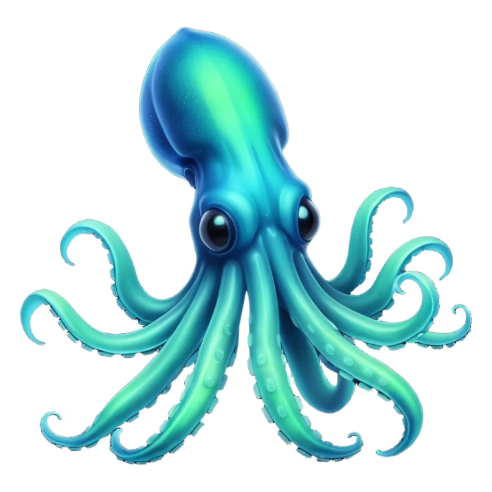 3D render of Deep Sea Squid, bioluminescent deep sea style, glowing neon blue and green lights, dark background to contrast the glow, translucent organic textures. sticker