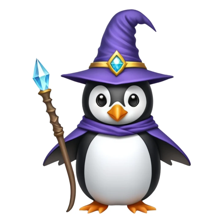 Penguin dressed as a wizard with a magical wand and pointy wizard hat sticker