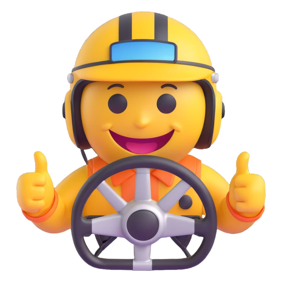 3D smiley emoji, round shape, wearing rally helmet, holding steering wheel, sporty face, transparent background (rally racing) sticker