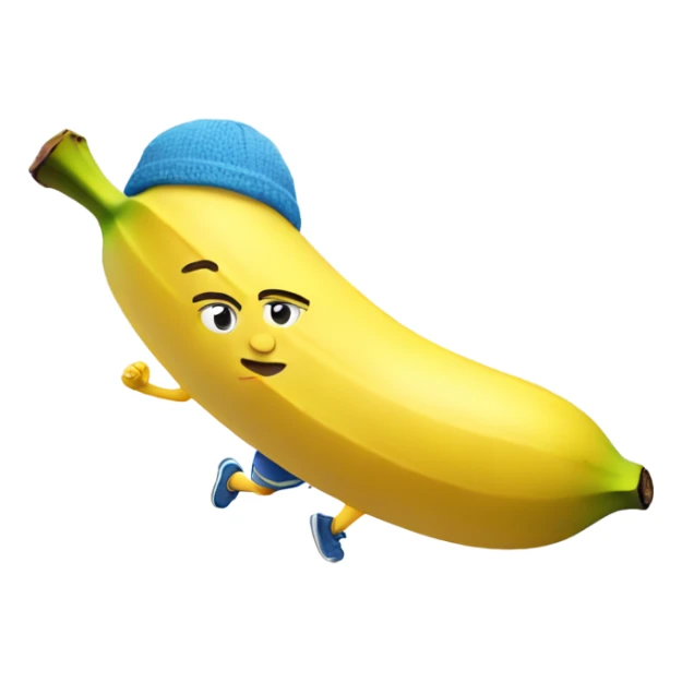 banana running fast with shoes and a sweatband sticker
