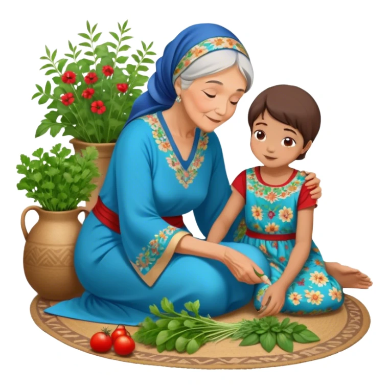 intergenerational moment between a grandmother and her granddaughter, deeply rooted in tradition. The young woman, dressed in a beautiful blue kaftan, sits on the floor carefully picking fresh herbs or greens, while the grandmother, wearing a red headscarf and floral dress, gently guides her. sticker