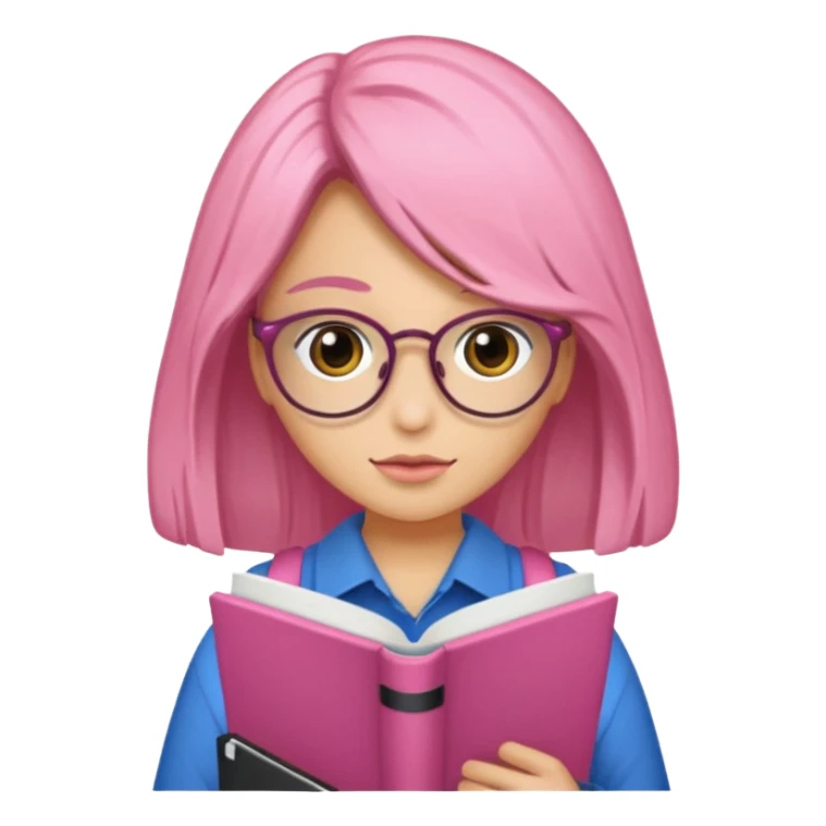 Estudante de cor parda cabelo cacheado loiro escuro de óculos segurando um caderno rosa sticker