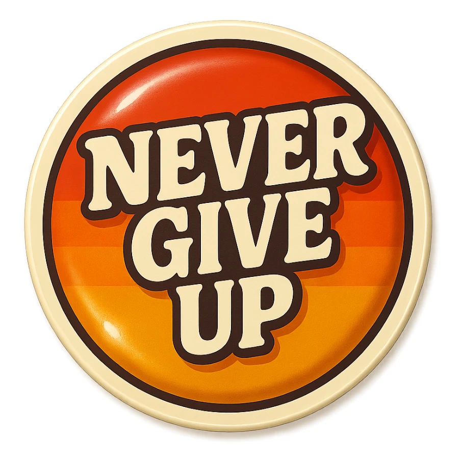 logo with 'Never Give Up' in a circular badge, vintage style, inspiring, transparent background sticker