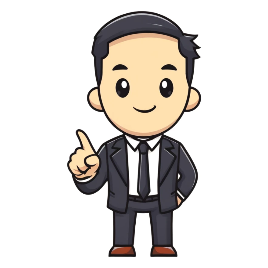 Boss character with a confident pose, business attire, pointing forward sticker