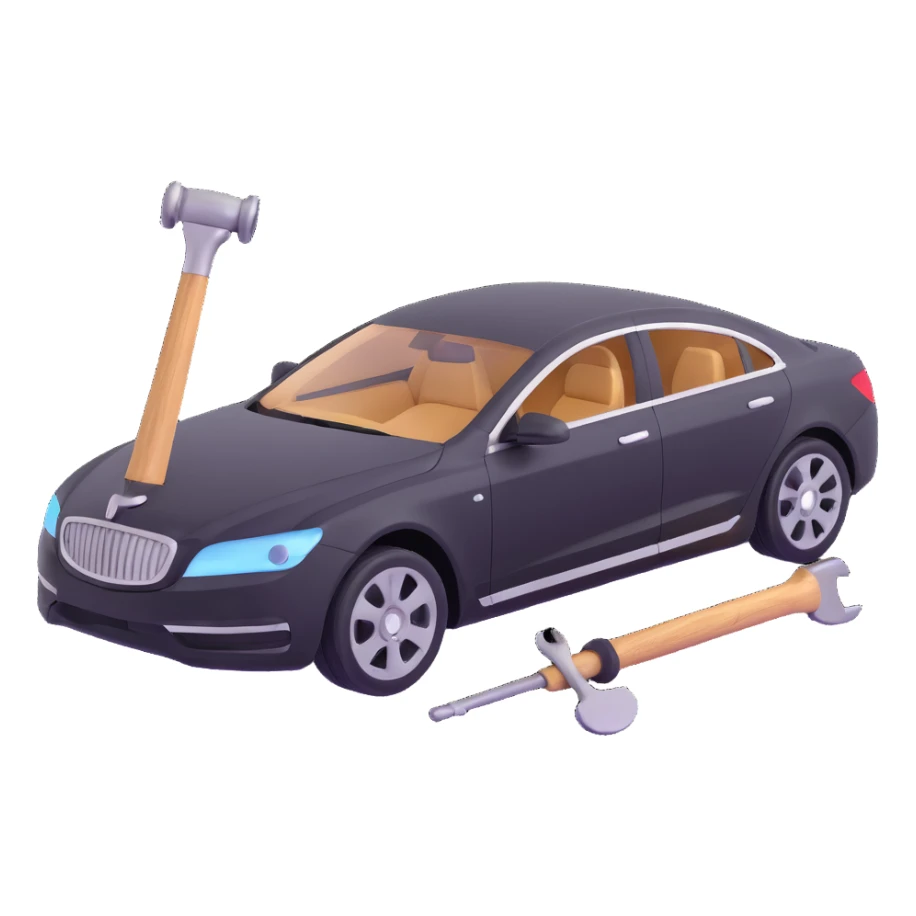 luxury car with dent repair tools like a lever and small hammer, elegant and modern sticker