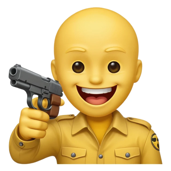 Yellow laughing face pointing gun at side of the head sticker