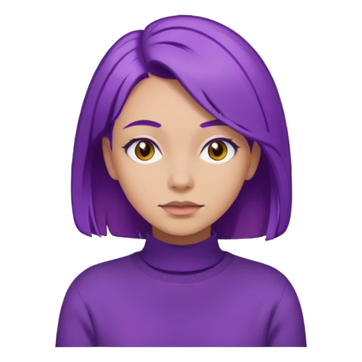 A woman with purple hair and a sweater sticker