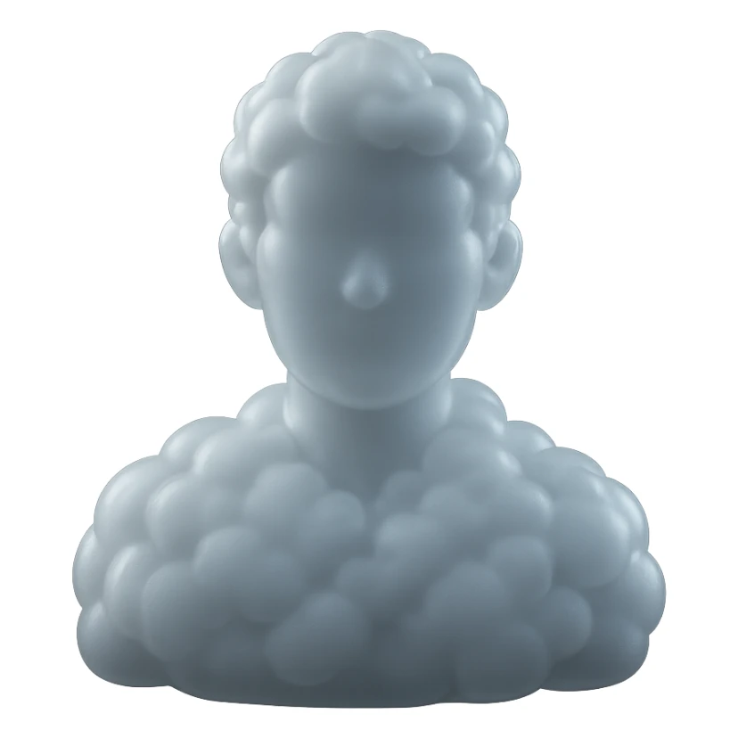 person from shoulders up, fully composed of white fluffy convex clouds, matte glass style sticker