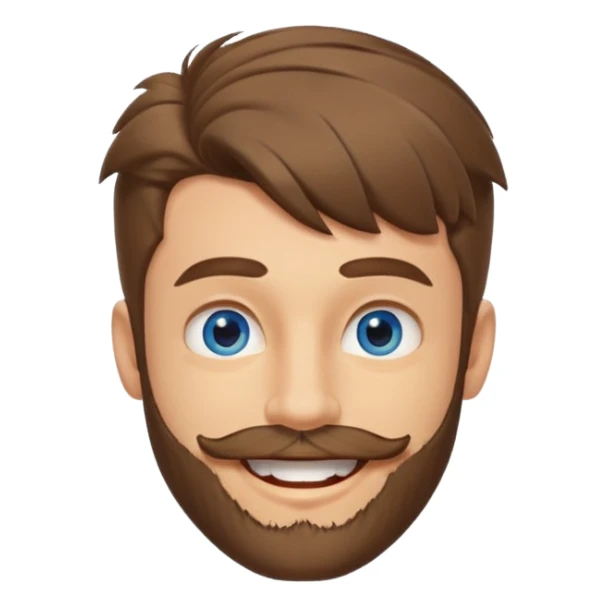 25 year old man, short scruffy beard and sparse moustache, brown puffy mullet, blue eyes, big smile, white teeth, big lips, pronounced jaw, hair longer in back, sticking up on top sticker