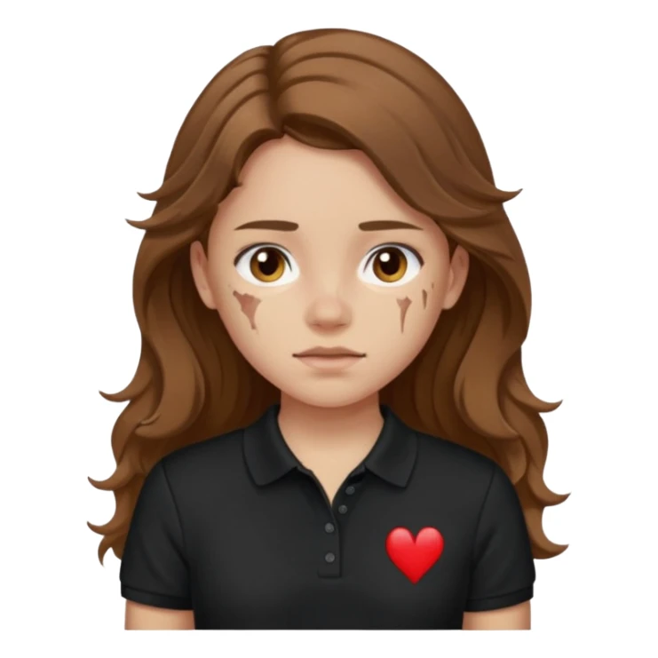 crie uma garota com ferimentos cabelo ondulado 2c longo castanho e blusa polo básica preta sticker