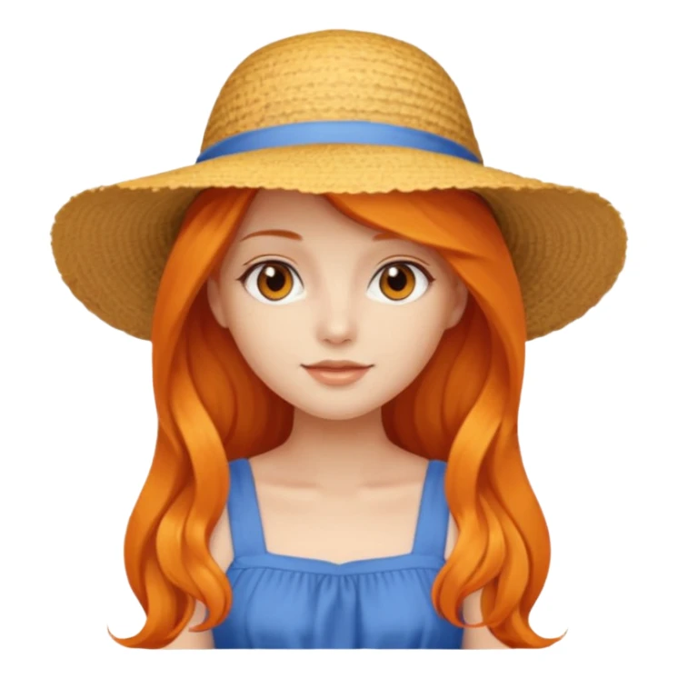 girl_wearing_summer_hat, orrange long hair, blue dress sticker