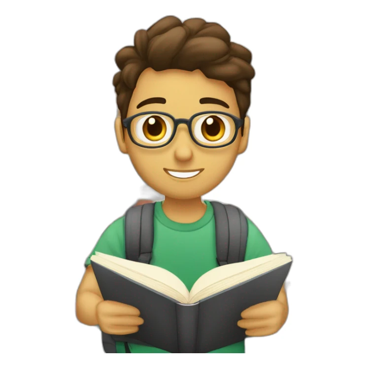 joven estudiante sentado sobre sus libros y cuadernos que son muchos y con un libro en sus manos y sobre su cabeza, de piel blanca y con su mascota sticker