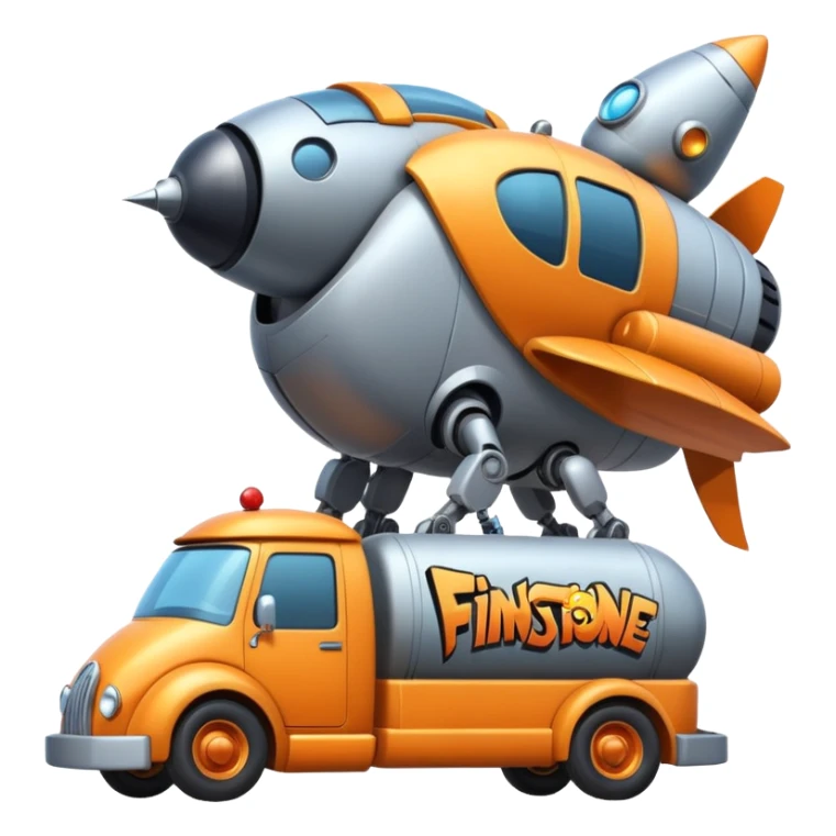 Heroic superhero Flintstone’s futuristic rocket-powered tall robot moving van (motto: Bombing creepy bugs is fun) sticker