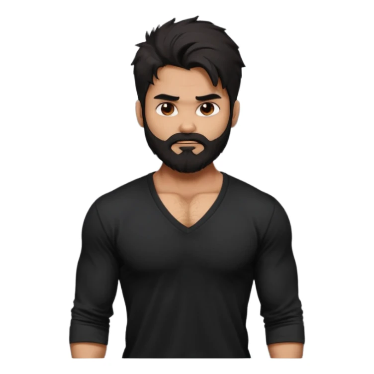 generate a pretty bratz Shahid kapoor with heavy beard and looking angry.
Make him wear a black full sleeve v neck tshirt. muscular but still lean
He shoudl look like shahid kapoor. Long messy black hair sticker