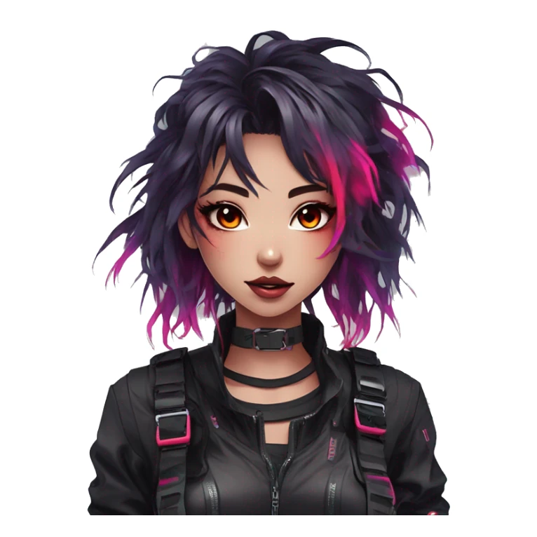 Gorgeous bright colorful neon techwear anime style lady with blushing face aesthetic and pretty edgy black red punk messy hair with collar and harness trending style sticker