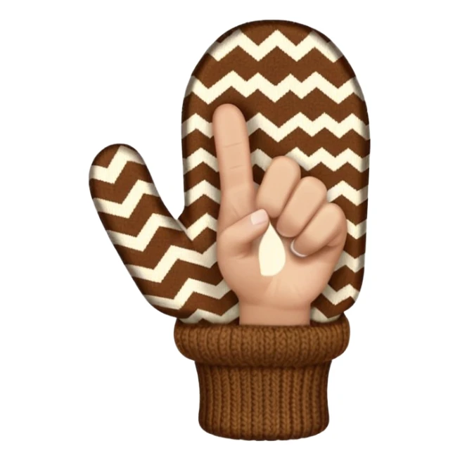 thumbs up fist in brown knit mitten with zig-zag beige pattern, no face sticker