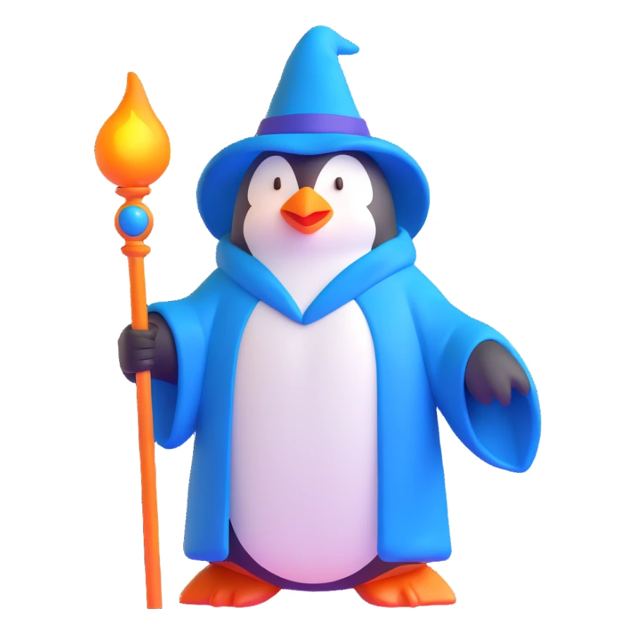 penguin wizard with a glowing staff and blue robe sticker